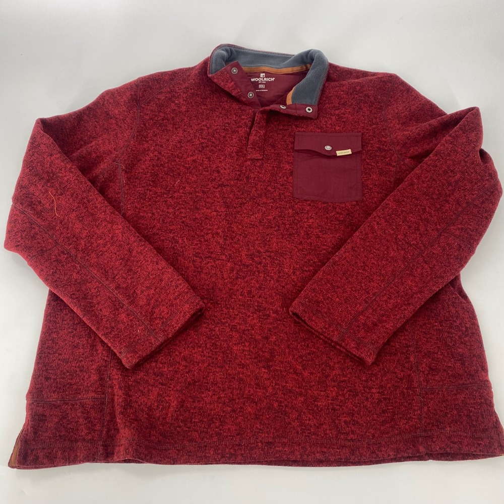 Woolrich Mens Red Heathered Fleece Pullover Sweater‎ Snap Collar Pocket XXL
